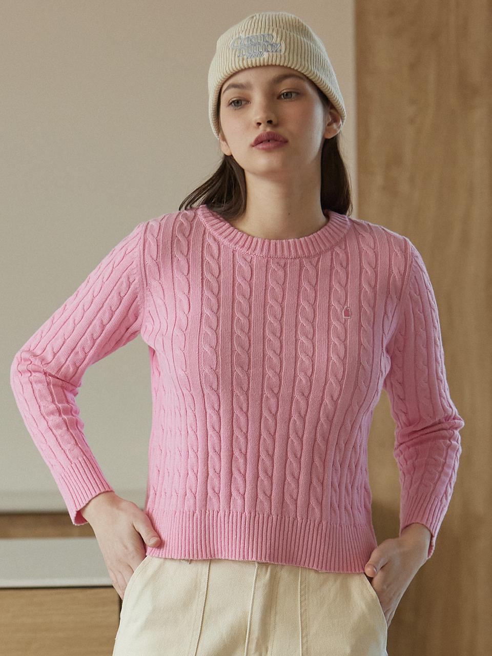 W SOLID CABLE PULLOVER [PINK]