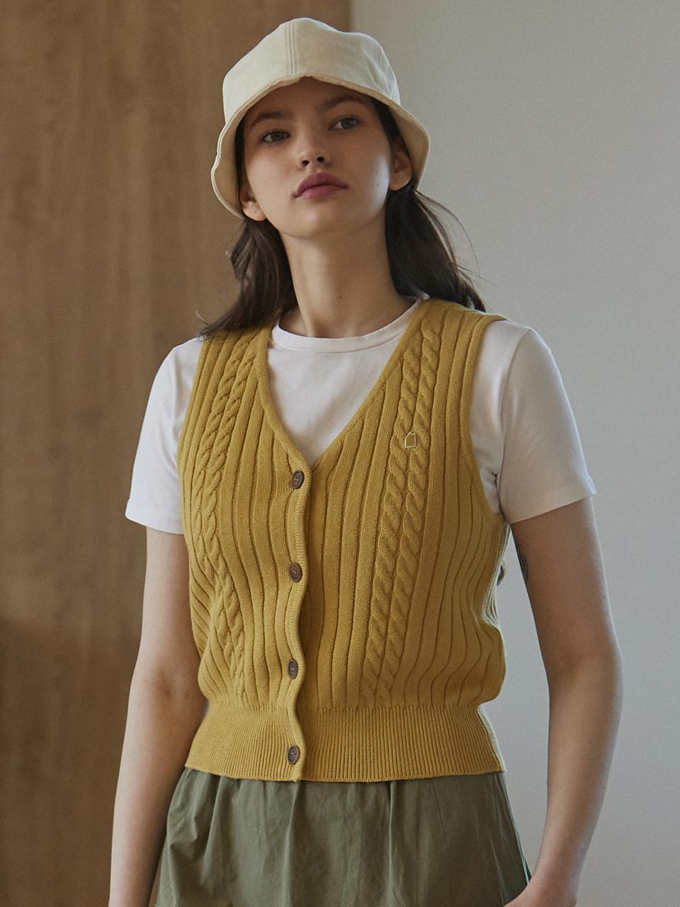 W CABLE OPEN KNIT VEST [OLIVE GREEN]