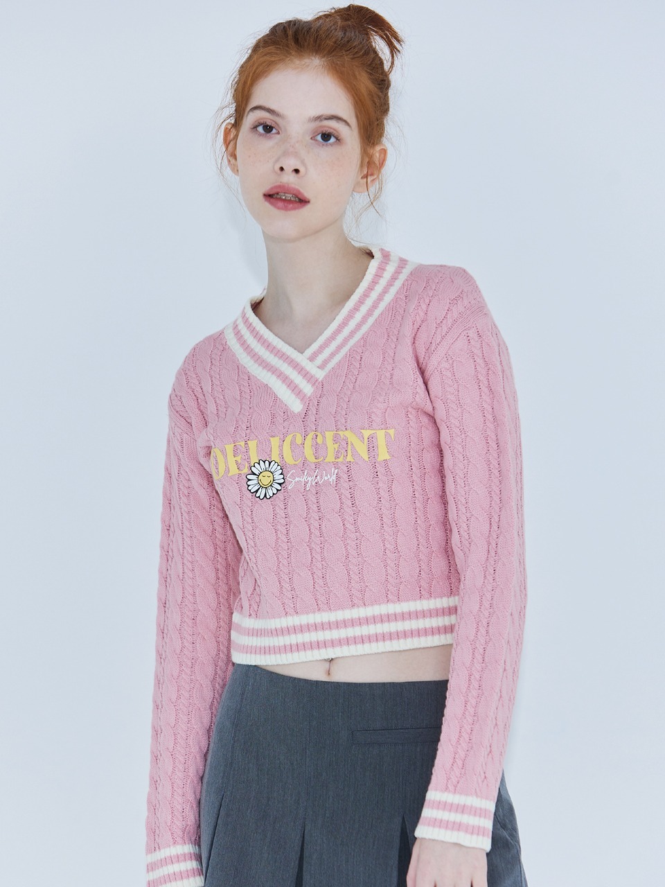SMILEYWORLD CABLE SWEATER PULLOVER [LIGHT PINK]